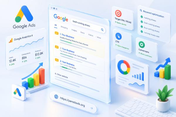 Пошукова реклама Google Ads: оголошення у видачі, аналітика та графіки ефективності кампанії